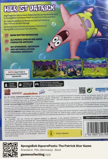 SpongeBob SquarePants: The Patrick Star Game PlayStation 5, Germany box back