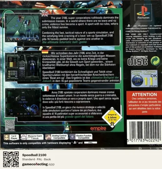 Speedball 2100 PlayStation, PAL box back