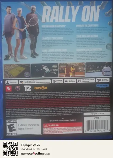 TopSpin 2K25 PlayStation 5, NTSC box back