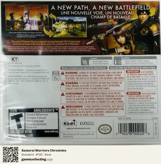 Samurai Warriors Chronicles Nintendo 3DS, NTSC box back
