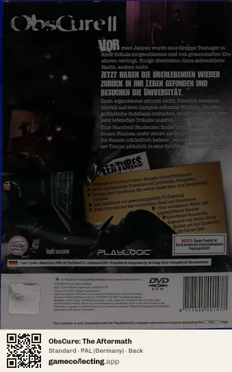 ObsCure: The Aftermath PlayStation 2, Germany box back