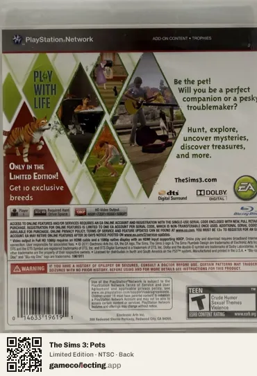 The Sims 3: Pets PlayStation 3, NTSC box back