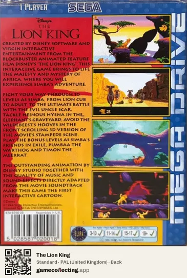The Lion King Sega Mega Drive / Genesis, United Kingdom box back