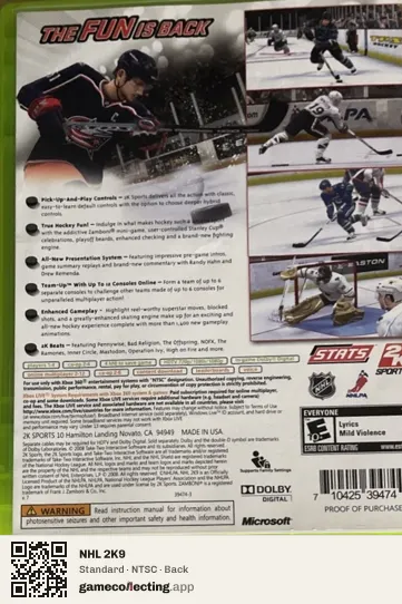 NHL 2K9 Xbox 360, NTSC box back