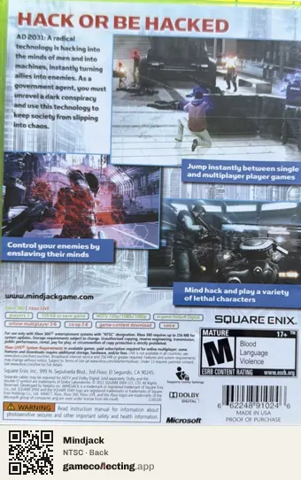 Mindjack Xbox 360, NTSC box back