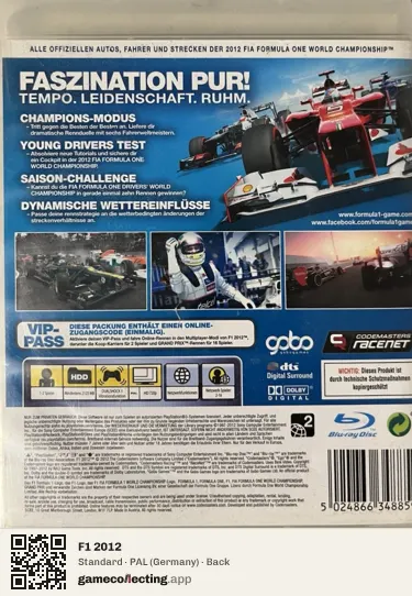 F1 2012 PlayStation 3, Germany box back