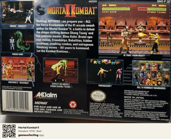 Mortal Kombat II Super Nintendo Entertainment System, NTSC box back