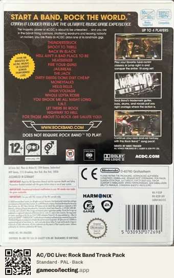 AC/DC Live: Rock Band Track Pack Nintendo Wii, PAL box back