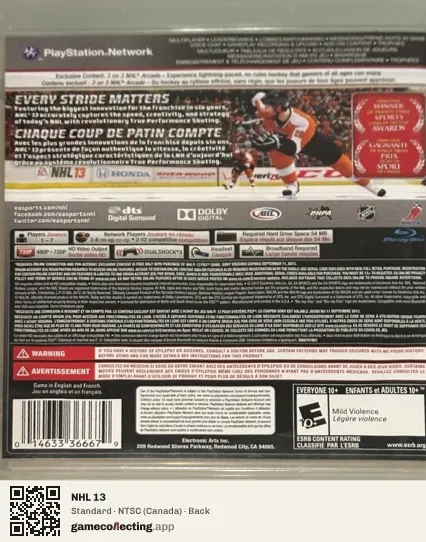 NHL 13 PlayStation 3, Canada box back