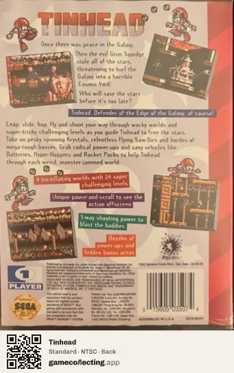 Tinhead Sega Mega Drive / Genesis, NTSC box back