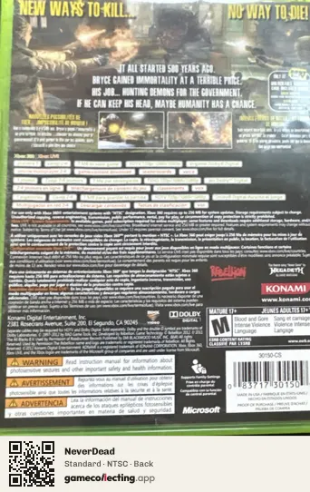 NeverDead Xbox 360, NTSC box back