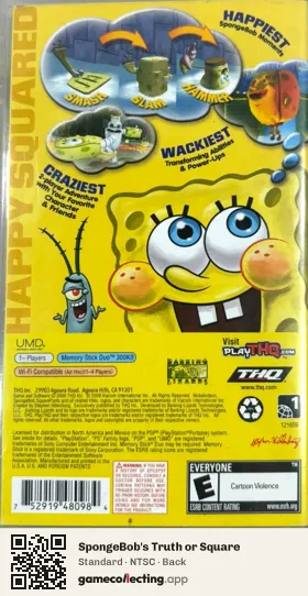 SpongeBob's Truth or Square PlayStation Portable, NTSC box back