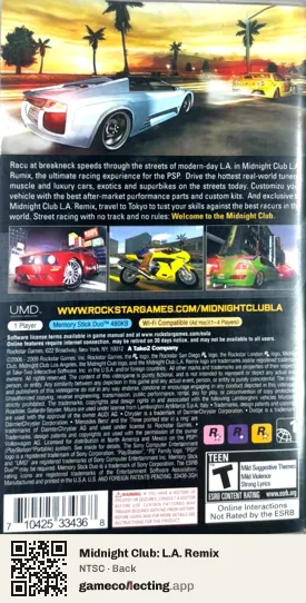 Midnight Club: L.A. Remix PlayStation Portable, NTSC box back