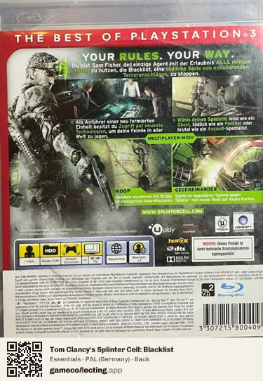 Tom Clancy's Splinter Cell: Blacklist PlayStation 3, Germany box back