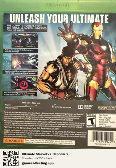 Ultimate Marvel vs. Capcom 3 Xbox One, NTSC box back