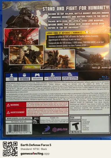 Earth Defense Force 5 PlayStation 4, NTSC box back