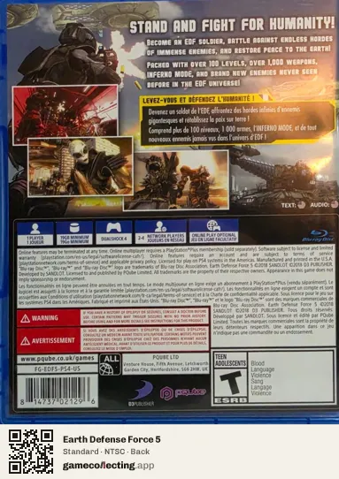 Earth Defense Force 5 PlayStation 4, NTSC box back