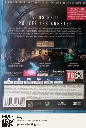 Prey PlayStation 4, France box back