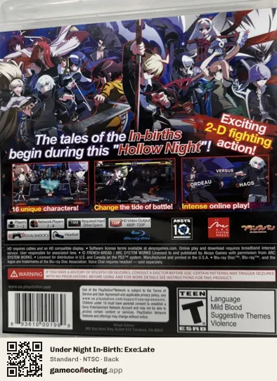 Under Night In-Birth: Exe:Late PlayStation 3, NTSC box back