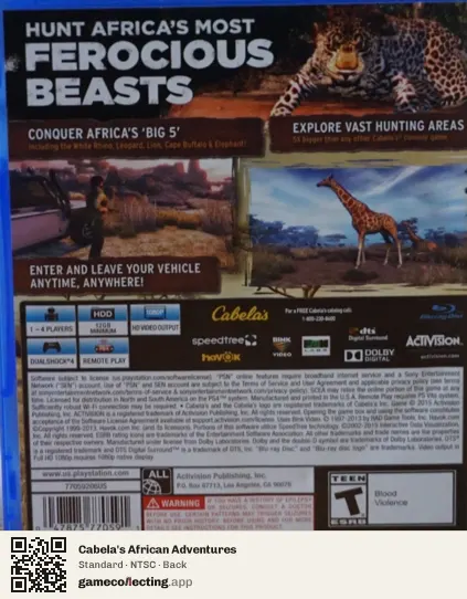 Cabela's African Adventures PlayStation 4, NTSC box back