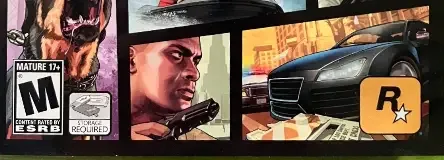 Grand Theft Auto V, the ESRB box on its front