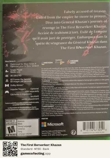 The First Berserker: Khazan Xbox Series X, NTSC box back