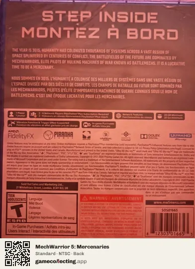 MechWarrior 5: Mercenaries PlayStation 5, NTSC box back