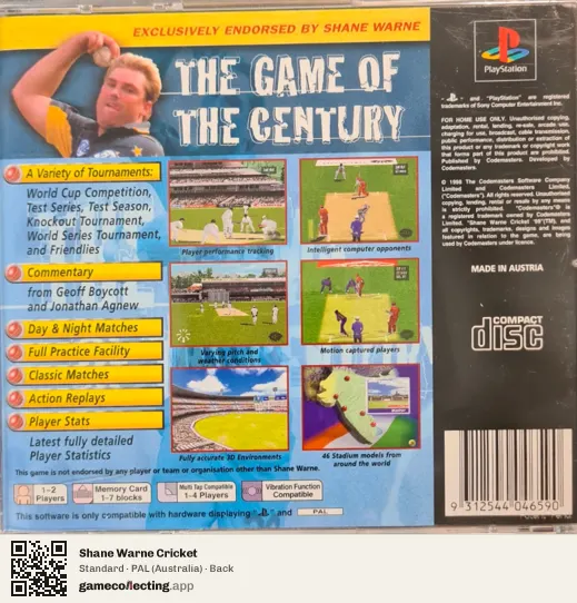 Shane Warne Cricket PlayStation, Australia box back