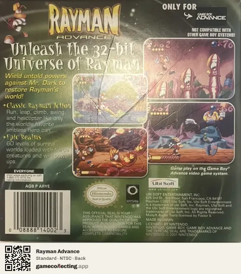 Rayman Advance Game Boy Advance, NTSC box back