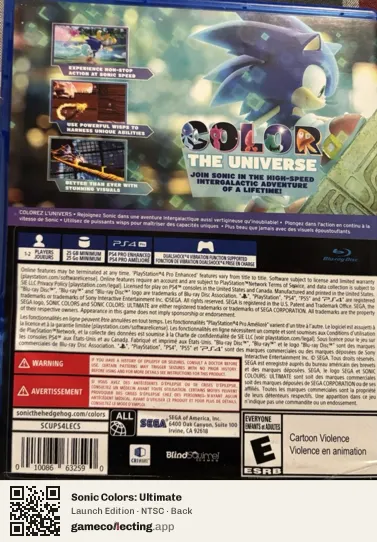 Sonic Colors: Ultimate PlayStation 4, NTSC box back