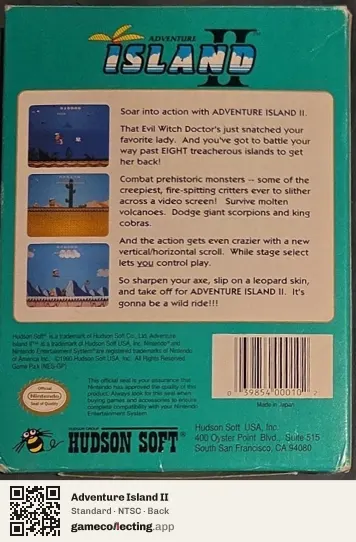 Adventure Island II Nintendo Entertainment System, NTSC box back