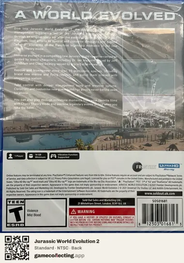 Jurassic World Evolution 2 PlayStation 5, NTSC box back