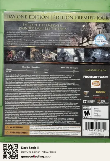 Dark Souls III Xbox One, NTSC box back