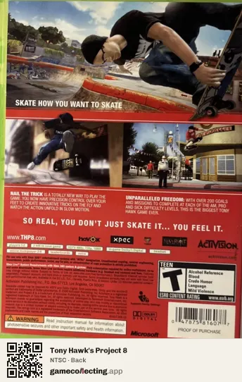 Tony Hawk's Project 8 Xbox 360, NTSC box back