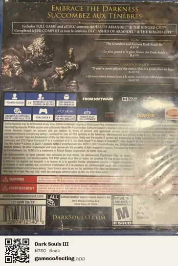 Dark Souls III PlayStation 4, NTSC box back