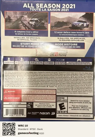 WRC 10 PlayStation 4, NTSC box back