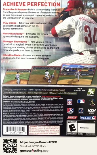 Major League Baseball 2K11 PlayStation 2, NTSC box back