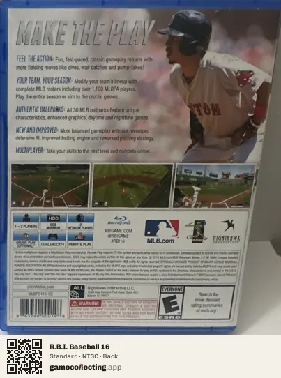 R.B.I. Baseball 16 PlayStation 4, NTSC box back