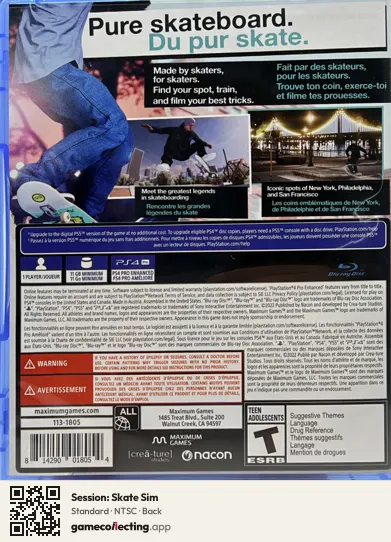 Session: Skate Sim PlayStation 4, NTSC box back