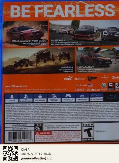 Dirt 4 PlayStation 4, NTSC box back