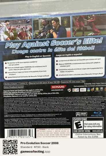 Pro Evolution Soccer 2008 PlayStation 3, NTSC box back
