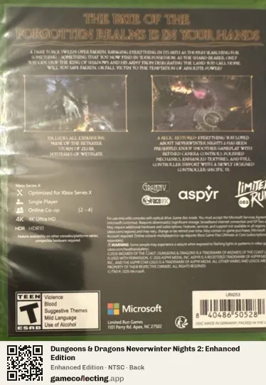 Dungeons & Dragons Neverwinter Nights 2: Enhanced Edition Xbox Series X, NTSC box back