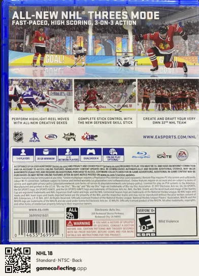 NHL 18 PlayStation 4, NTSC box back