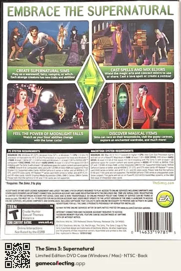 The Sims 3: Supernatural Computer, NTSC box back
