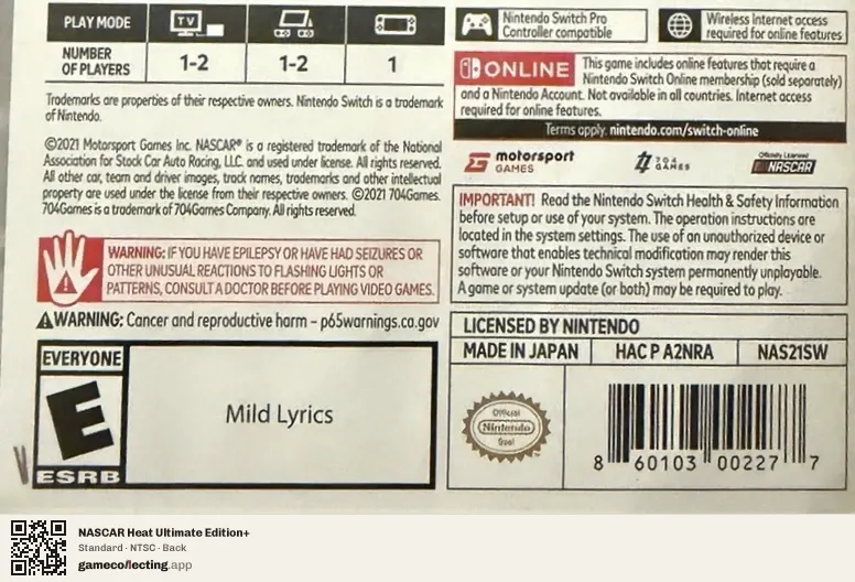 NASCAR Heat Ultimate Edition+ Nintendo Switch, NTSC box back
