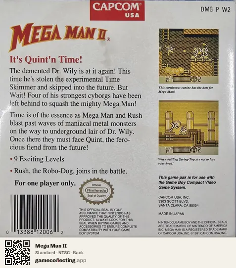 Mega Man II Game Boy, NTSC box back