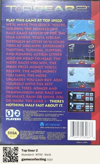 Top Gear 2 Sega Mega Drive / Genesis, NTSC box back