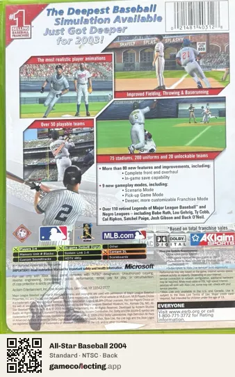 All-Star Baseball 2004 Xbox, NTSC box back