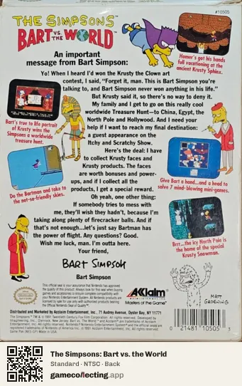 The Simpsons: Bart vs. the World Nintendo Entertainment System, NTSC box back