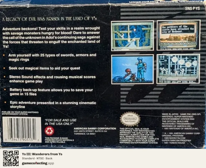 Ys III: Wanderers from Ys Super Nintendo Entertainment System, NTSC box back